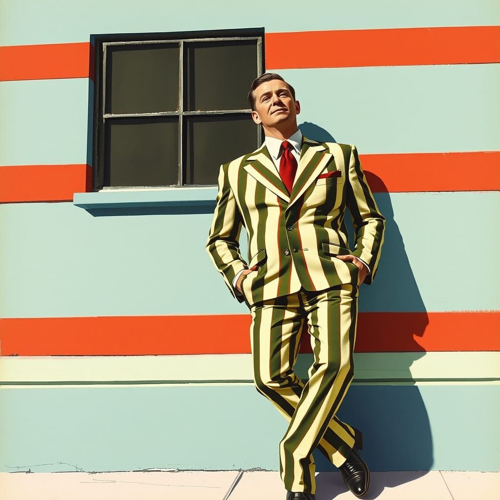 Man in Striped Zoot Suit Leans Against Striped Building