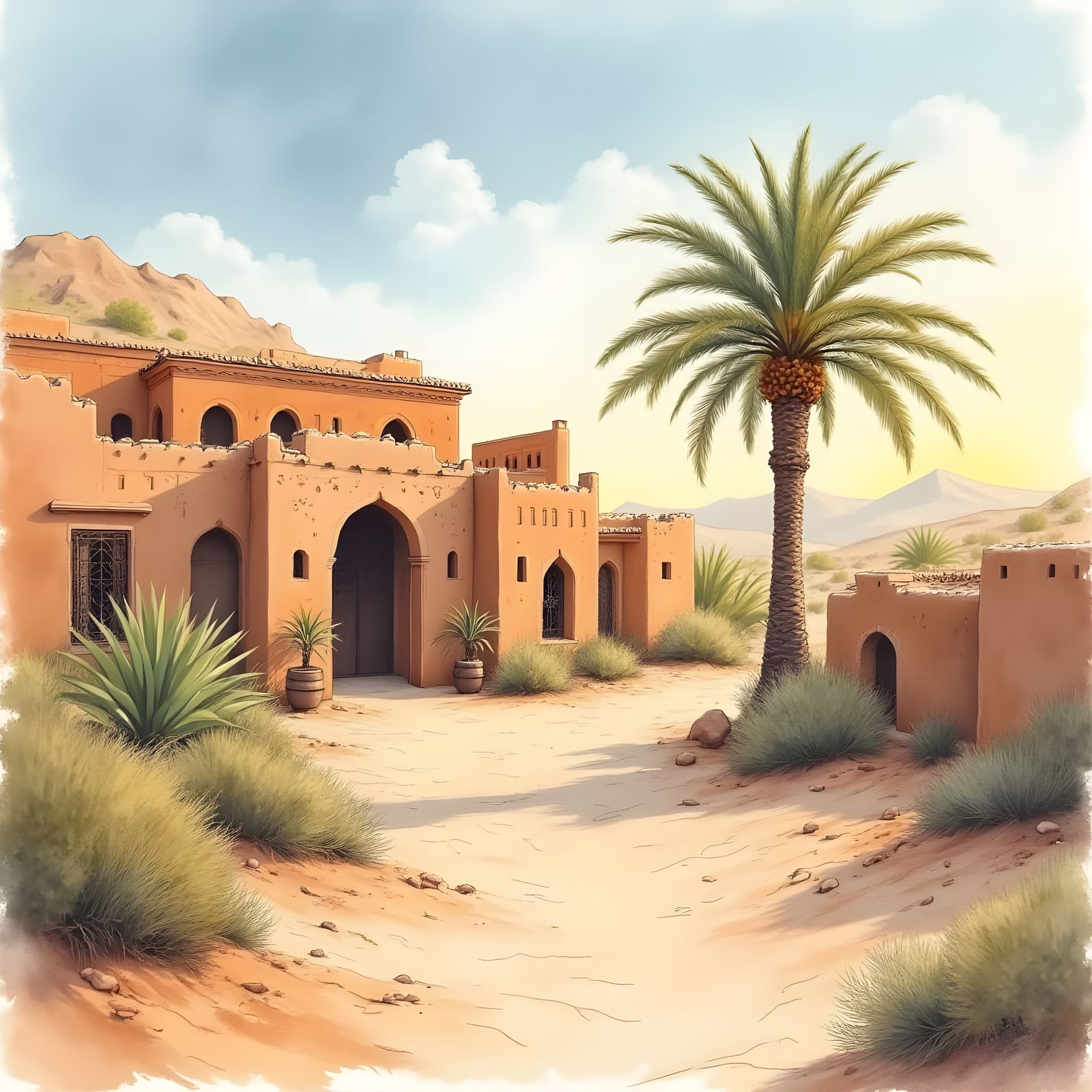 Moroccan Oasis Heritage in Watercolor Style