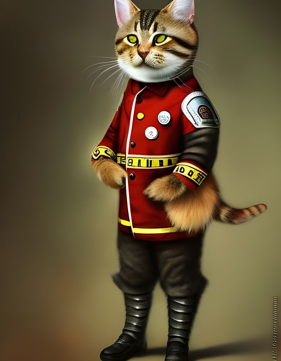 Tabby Cat in Fireman Uniform, Polychromatic Art