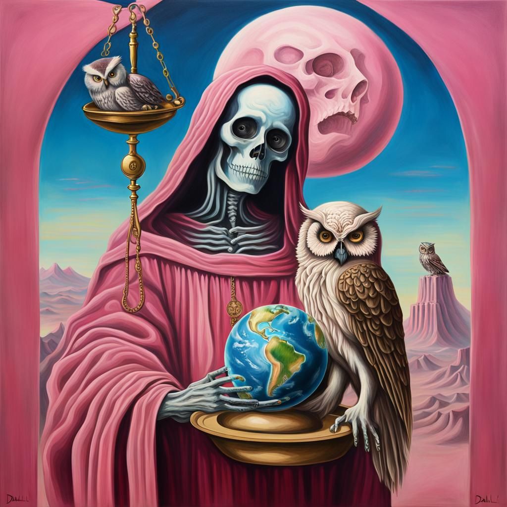 Surreal Santa Muerte with Earth and Owl