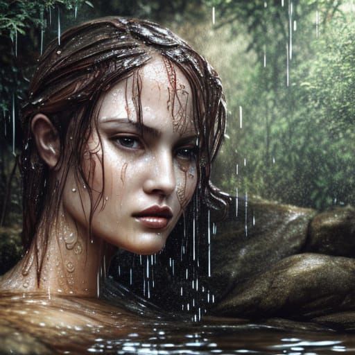Wet Woman in Creek: Detailed Cinematic Digital Art