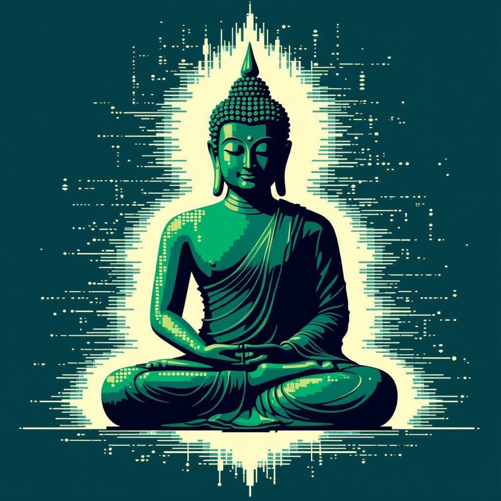 Buddha Silhouette Made of Pixels and Code Fragments