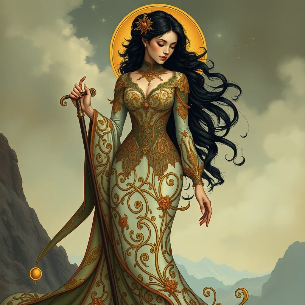 Ethereal Art Nouveau Portrait of a Mythical Women Warrior