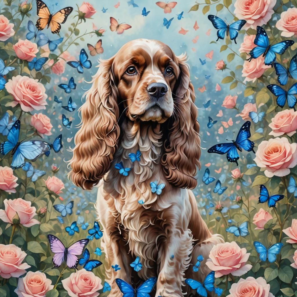 Anime Cocker Spaniel in Rose Garden Portrait