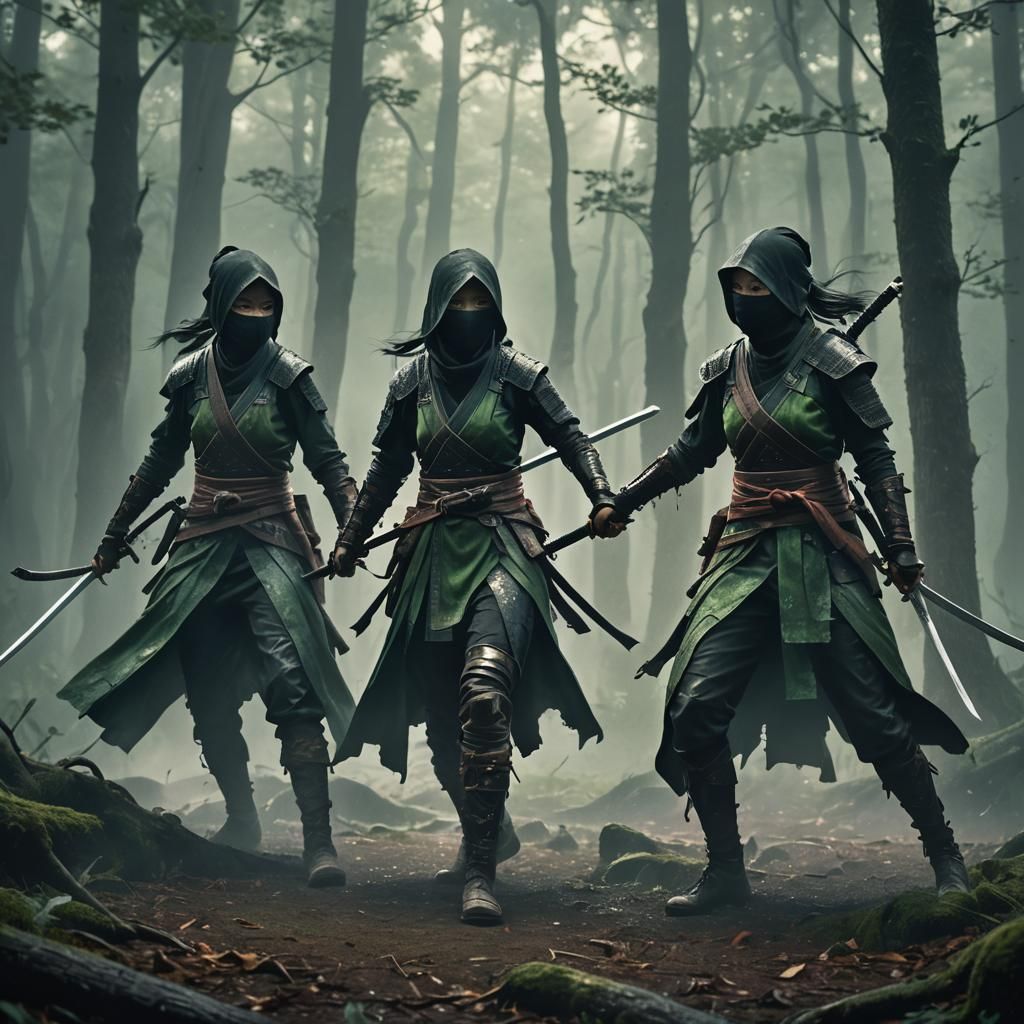 Women Ninjas Duel in Misty Forest: Concept Art