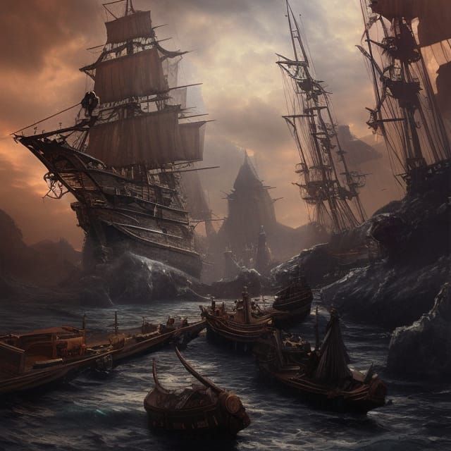 Epic Pirate Ships in Dark Fantasy Style