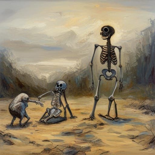 Skeleton Escorting Baby to Afterlife as Oil Painting