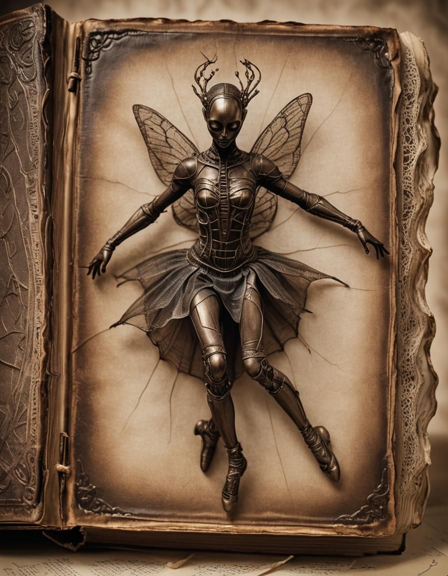 Insectile Ballerina Dances from Book, Sepia Photograph