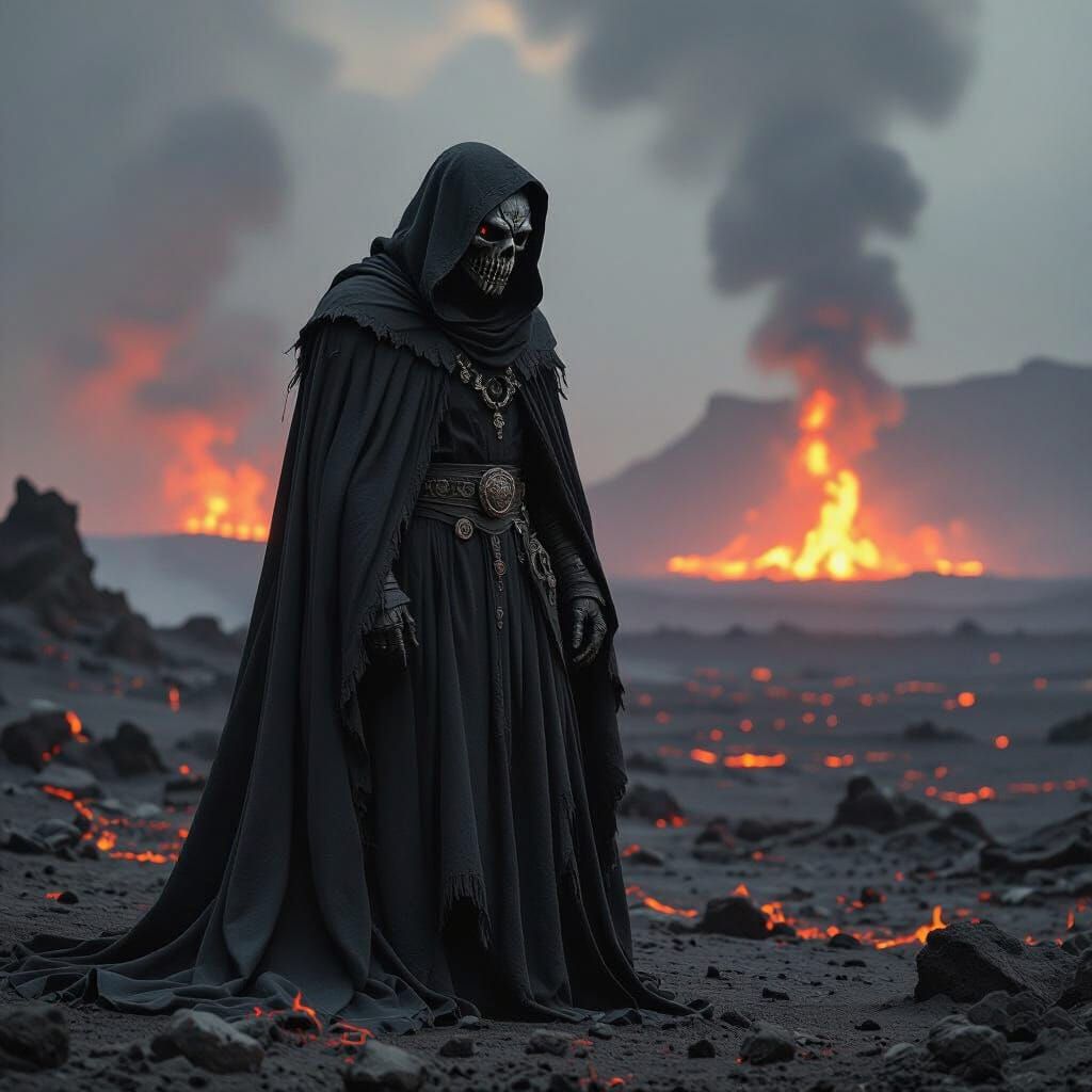 Dark Fantasy Figure in Volcanic Wasteland