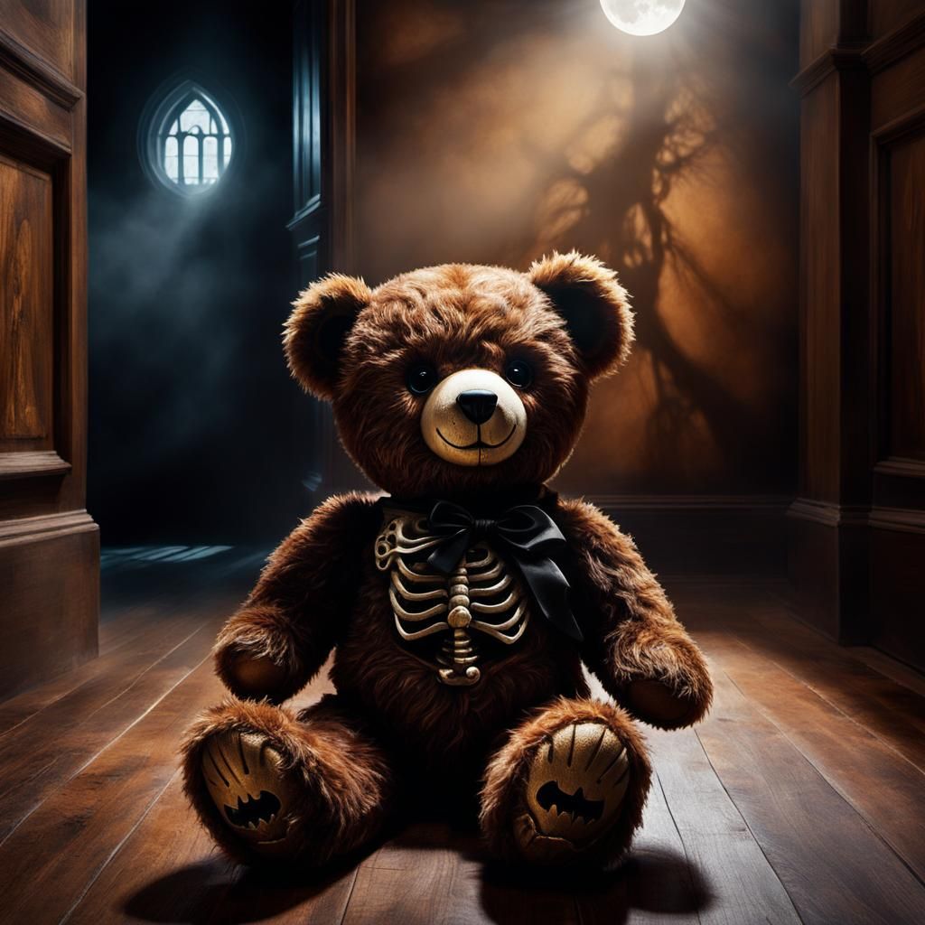 Surreal Skeletal Teddy Bear in Dreamlike Hallway