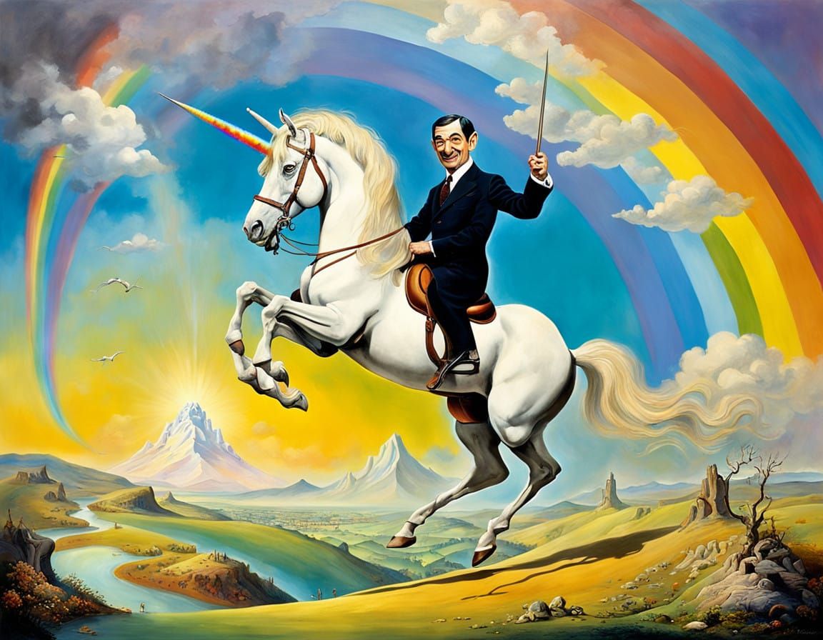 Mr. Bean on a Unicorn in a Surrealist Landscape