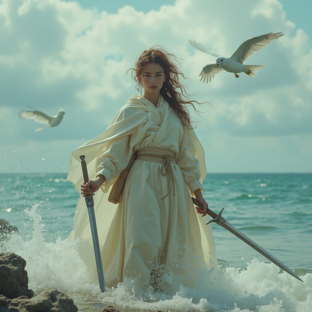 Redhead Warrior with Sword and Horses in Sea