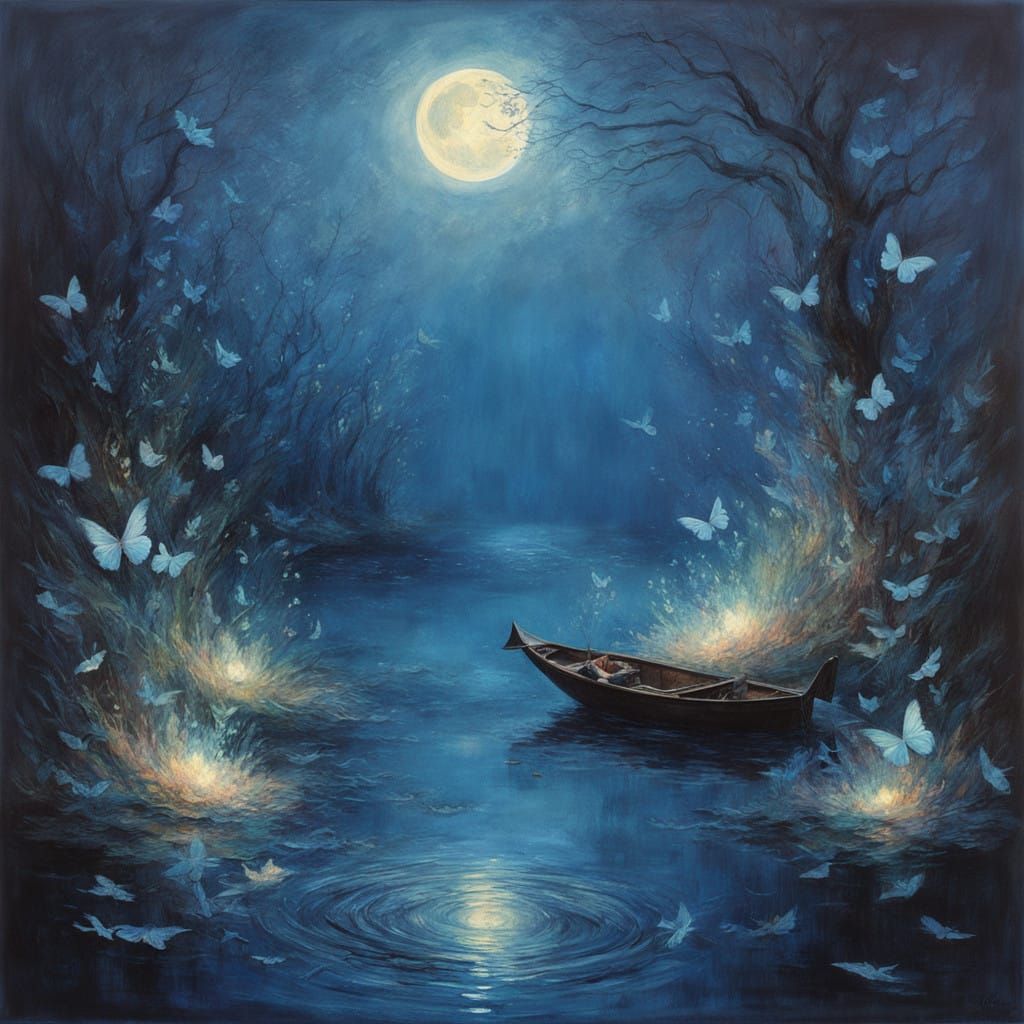 Whimsical Blue Butterflies Dance Under the Lunar Glow