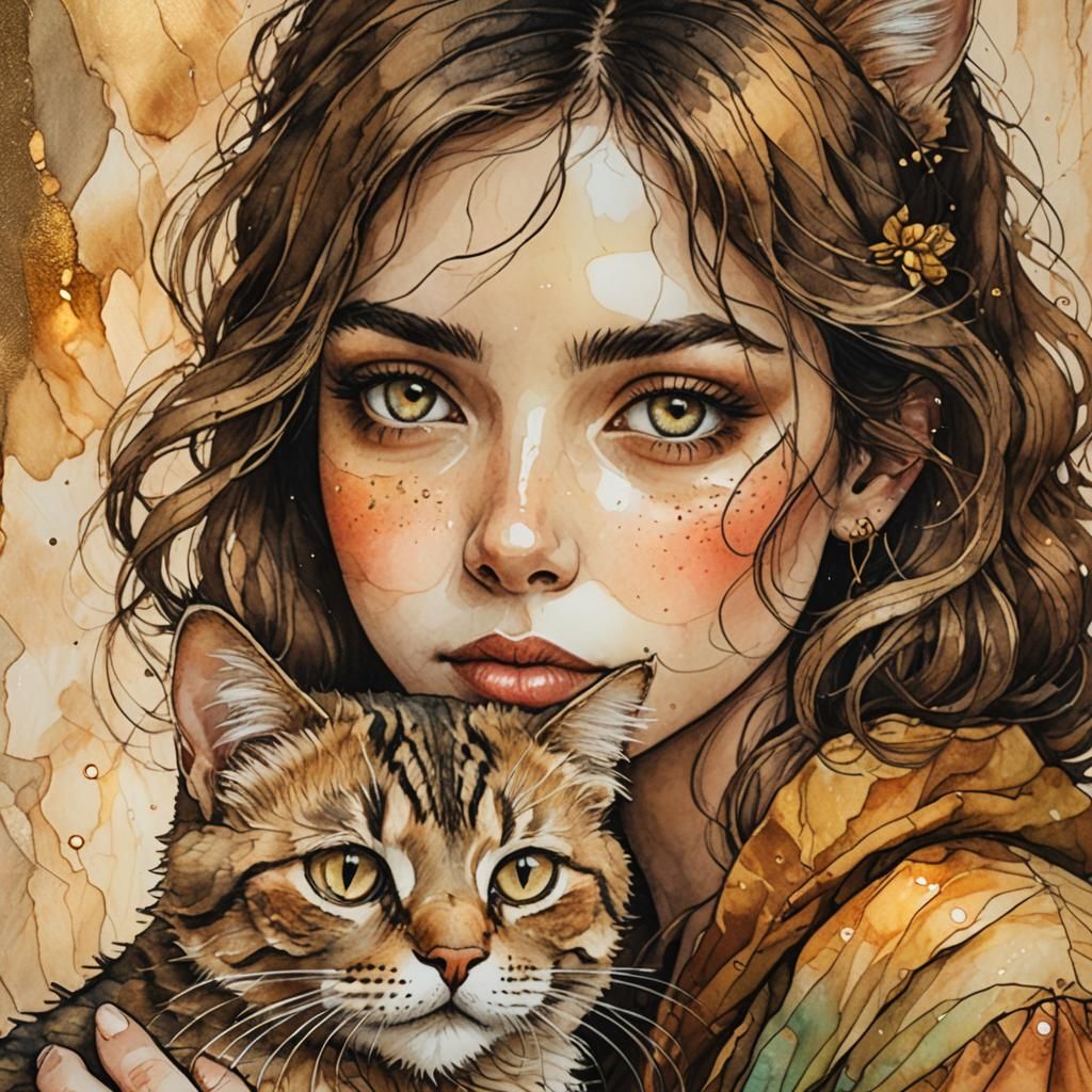 Woman and Cat Portrait in Alcohol Ink Style