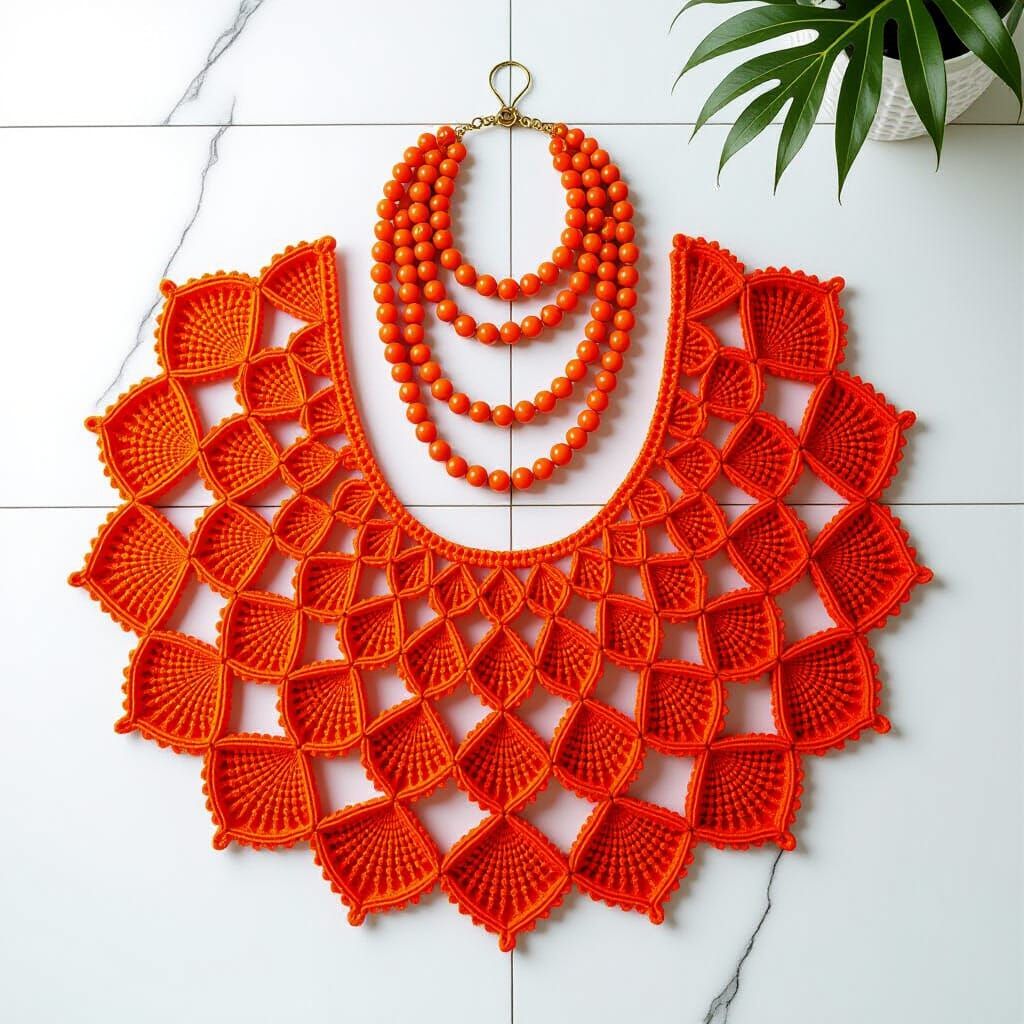 Orange Crochet Shawl with Coral Beads: Fashion Flat Lay