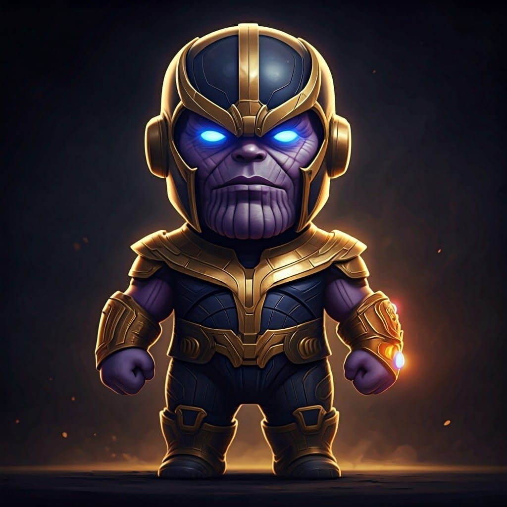Whimsical Chibi Thanos Heroically Poses in Oil Painting Styl...