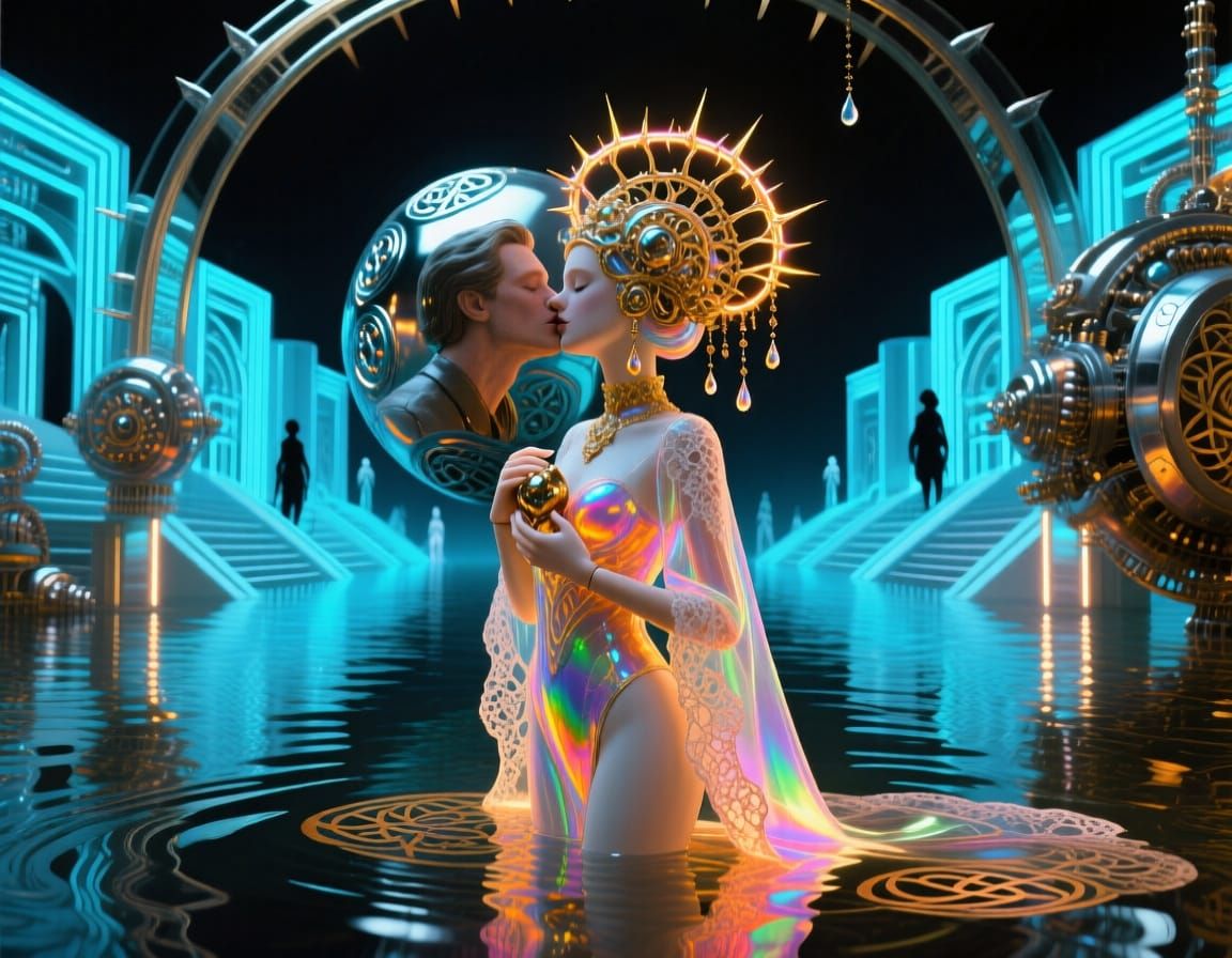 living man image in a framed painting and woman doll outside...