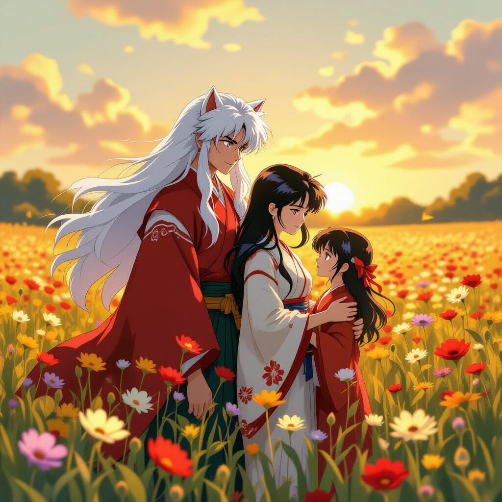 Inuyasha and Kagome Family in Magical Flower Field