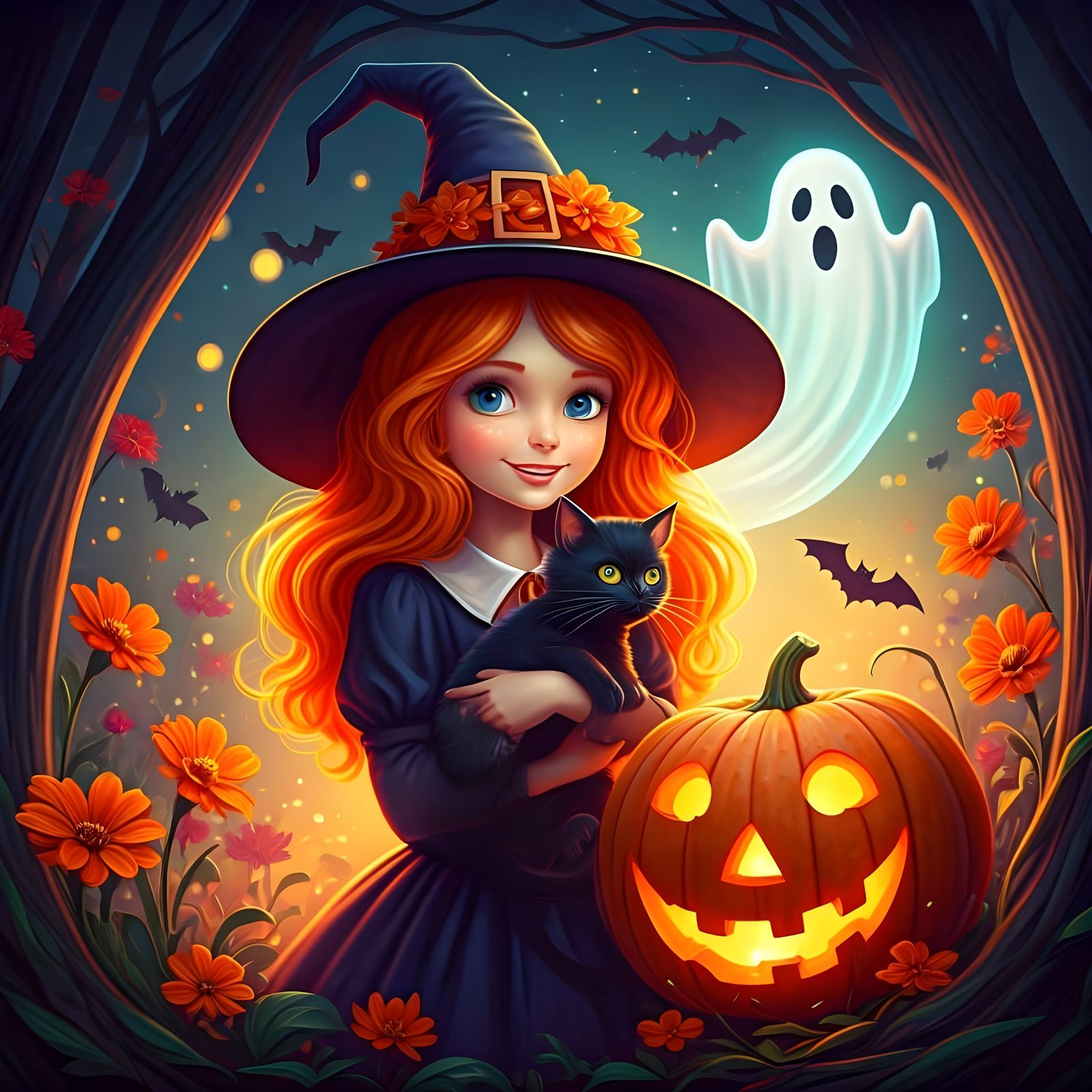 Whimsical Halloween Witch and Cat in Impressionistic Style