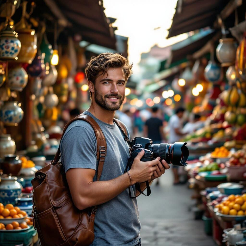 Photographer in Southeast Asian Market at Golden Hour