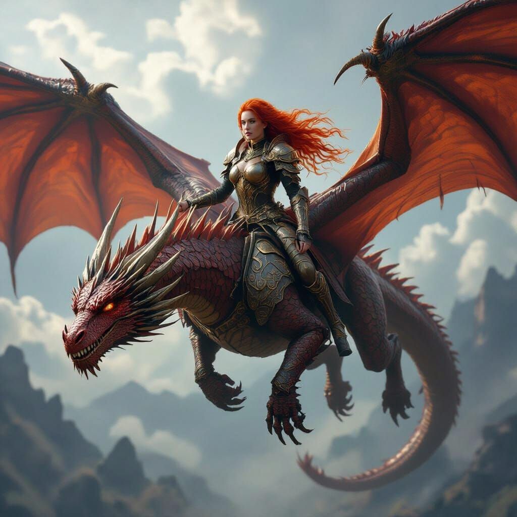 Red-Haired Warrior Rides Majestic Dragon in Moody Sky