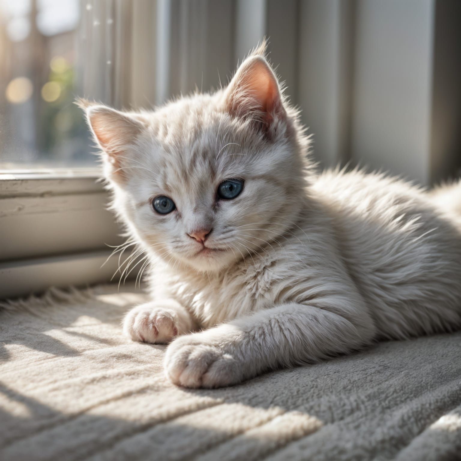 White Kitten Sleeping in Sunlight: Hyperrealistic Photo