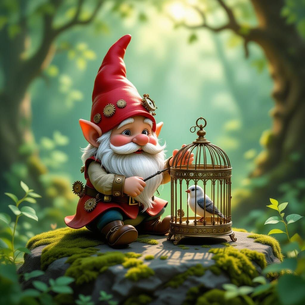Clockwork Gnome Polishes Birdcage in Enchanted Forest