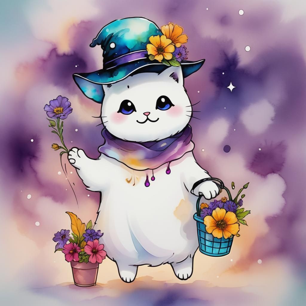 Cute Ghost Cat Flower in Alcohol Ink Style