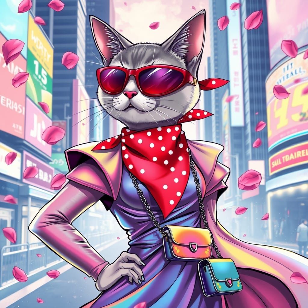 Anthropomorphic Cat Woman in Manga-Style Cityscape