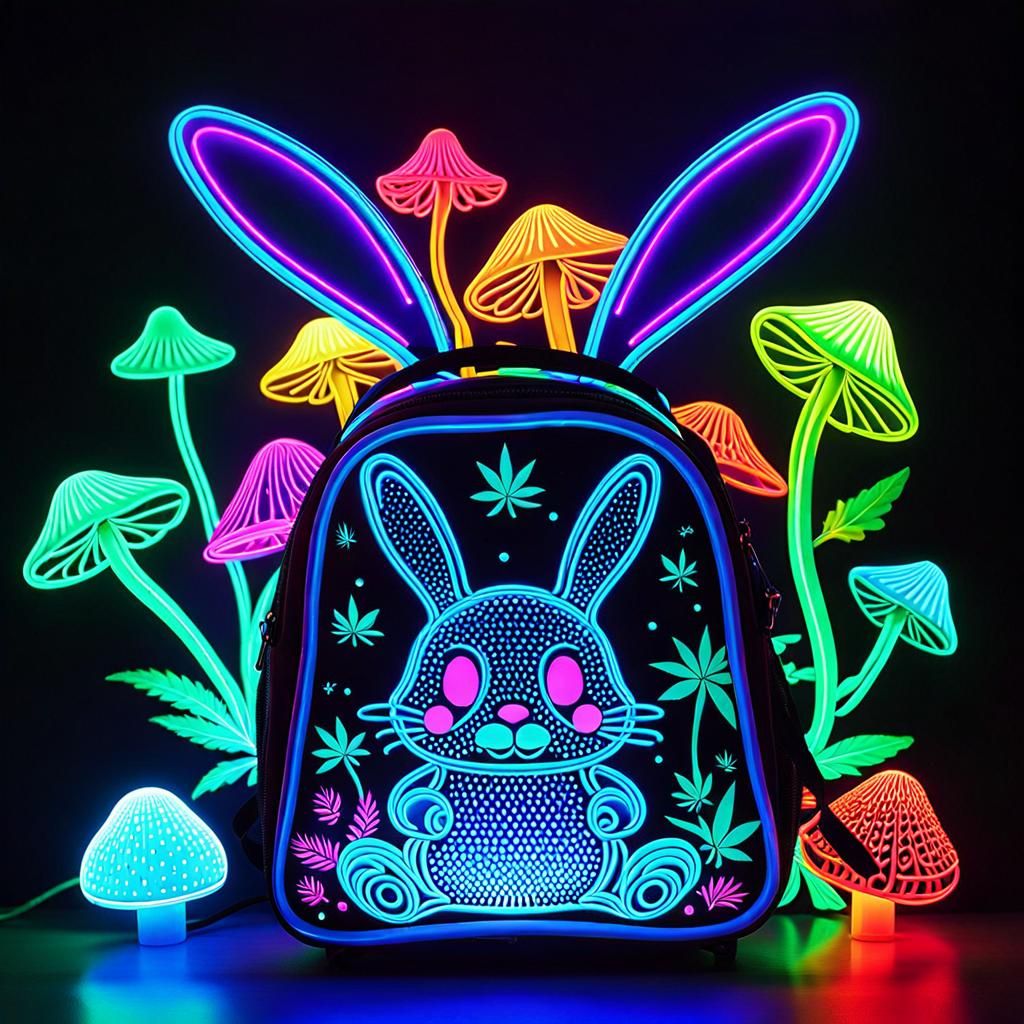 Psychedelic Neon Bunny in Cosmic Mushroom Dreamscape