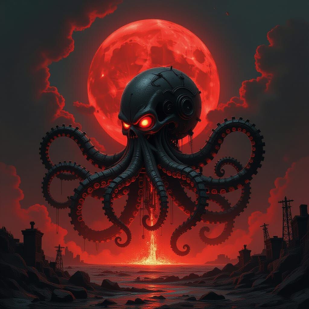 Biomechanical Kraken Rising: Steampunk Horror Art