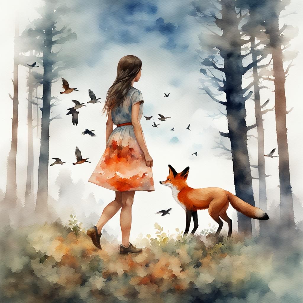 Watercolor Double Exposure: Girl, Birds, and Forest Fox