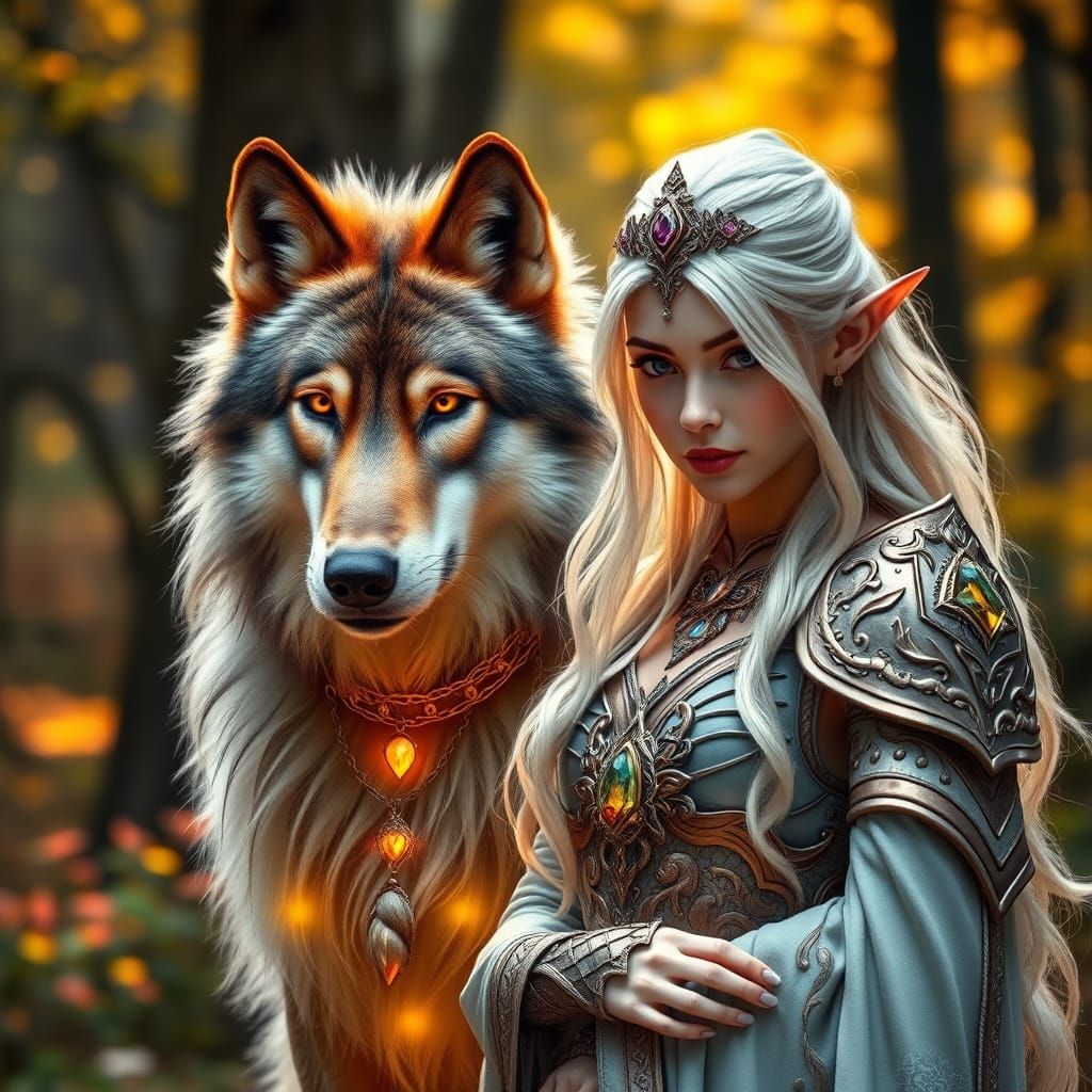 Majestic Wolf and Elf Maiden in Forest