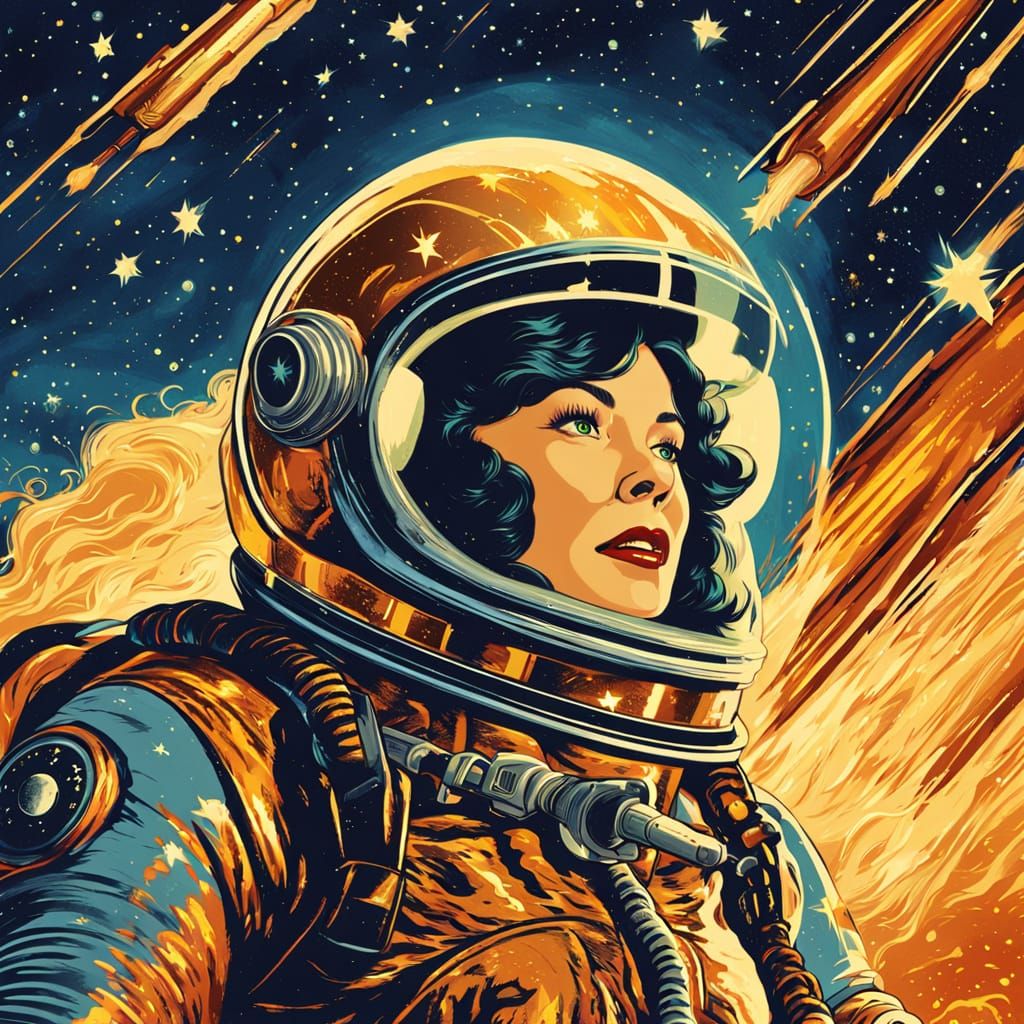 Retro Space Lady Rides Rocket in Vintage Illustration