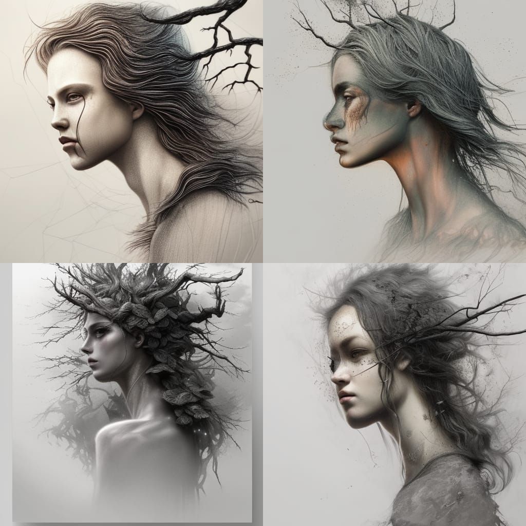 Tree Woman Portrait in Charcoal Drawing Style