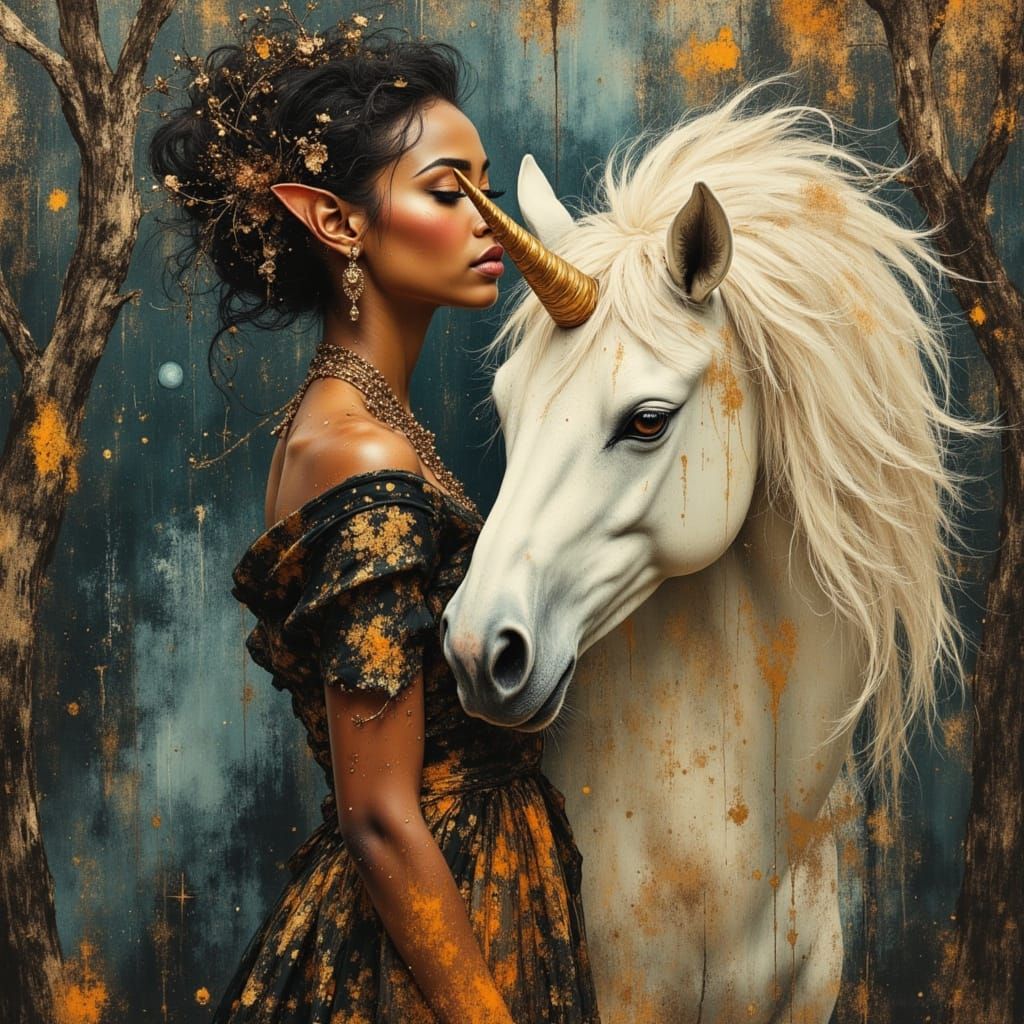 Elf Model and Unicorn in Haunted Autumn Forest