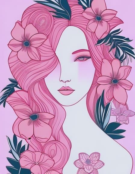 Ethereal Woman in Silk and Flowers, Line Art