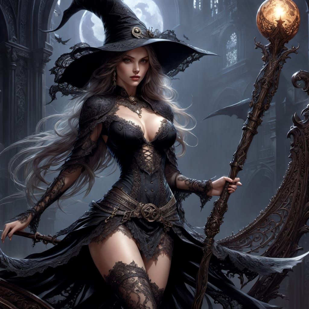 Fantasy Witch on Broomstick in Hyperdetailed Art