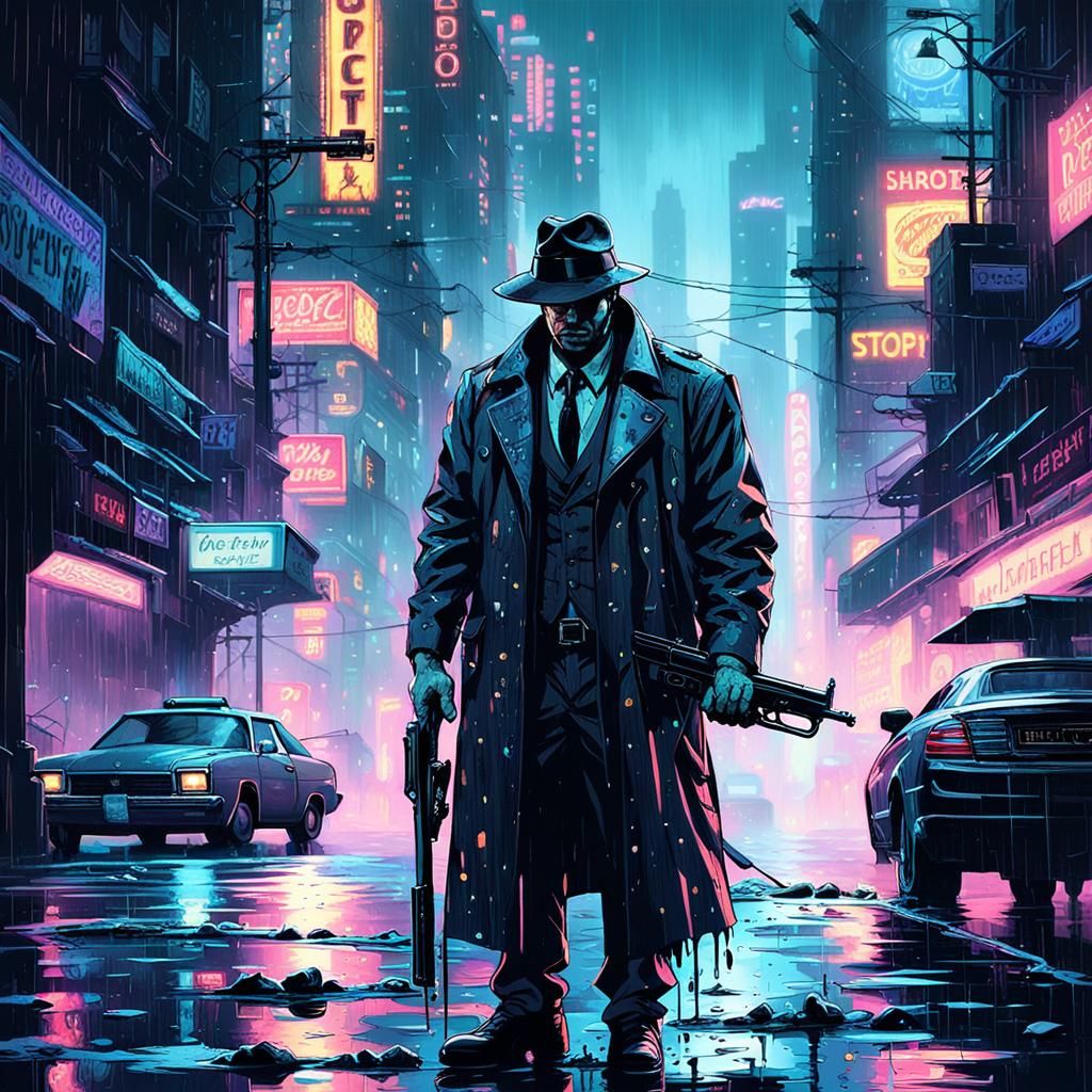 Dystopian City Glow: Hard-Boiled Detective with Gun