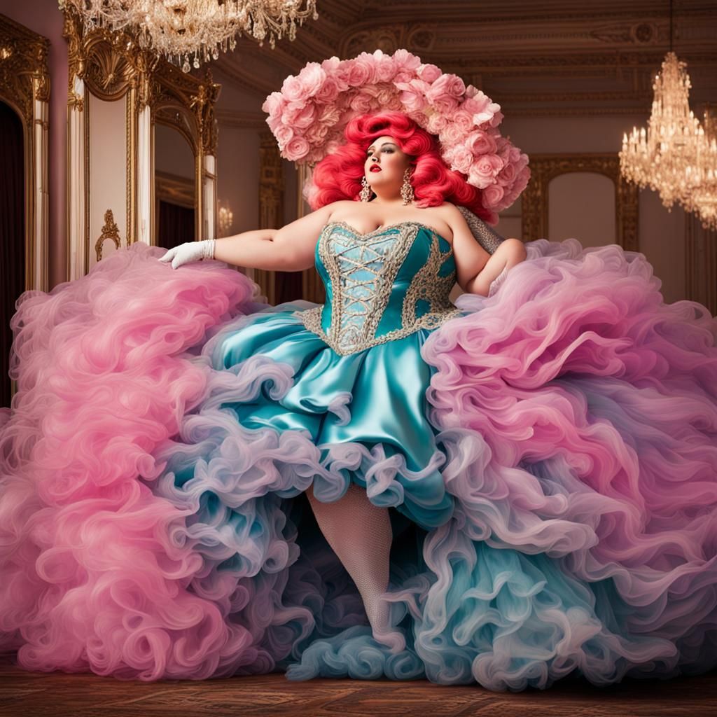 Extravagant Drag Queen in Satin Corset and Tulle Dress