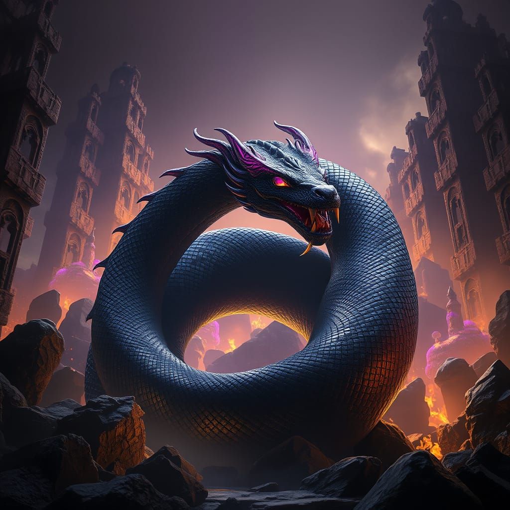 Black Naga Coiled in Ancient Ruins, Hyperdetailed