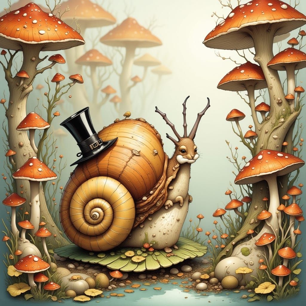 Snail Explorer in Mushroom Forest, Watercolor Illustration