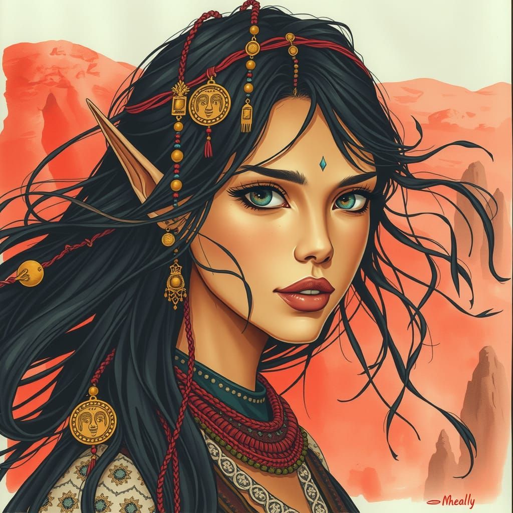 Elven Woman in Moroccan Bohemian Watercolor Style