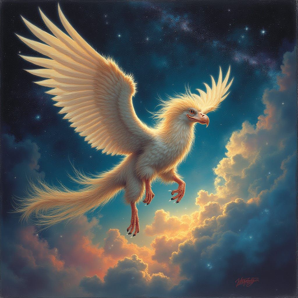 Griffin Soaring Through Nebula in Blended Artistic Styles