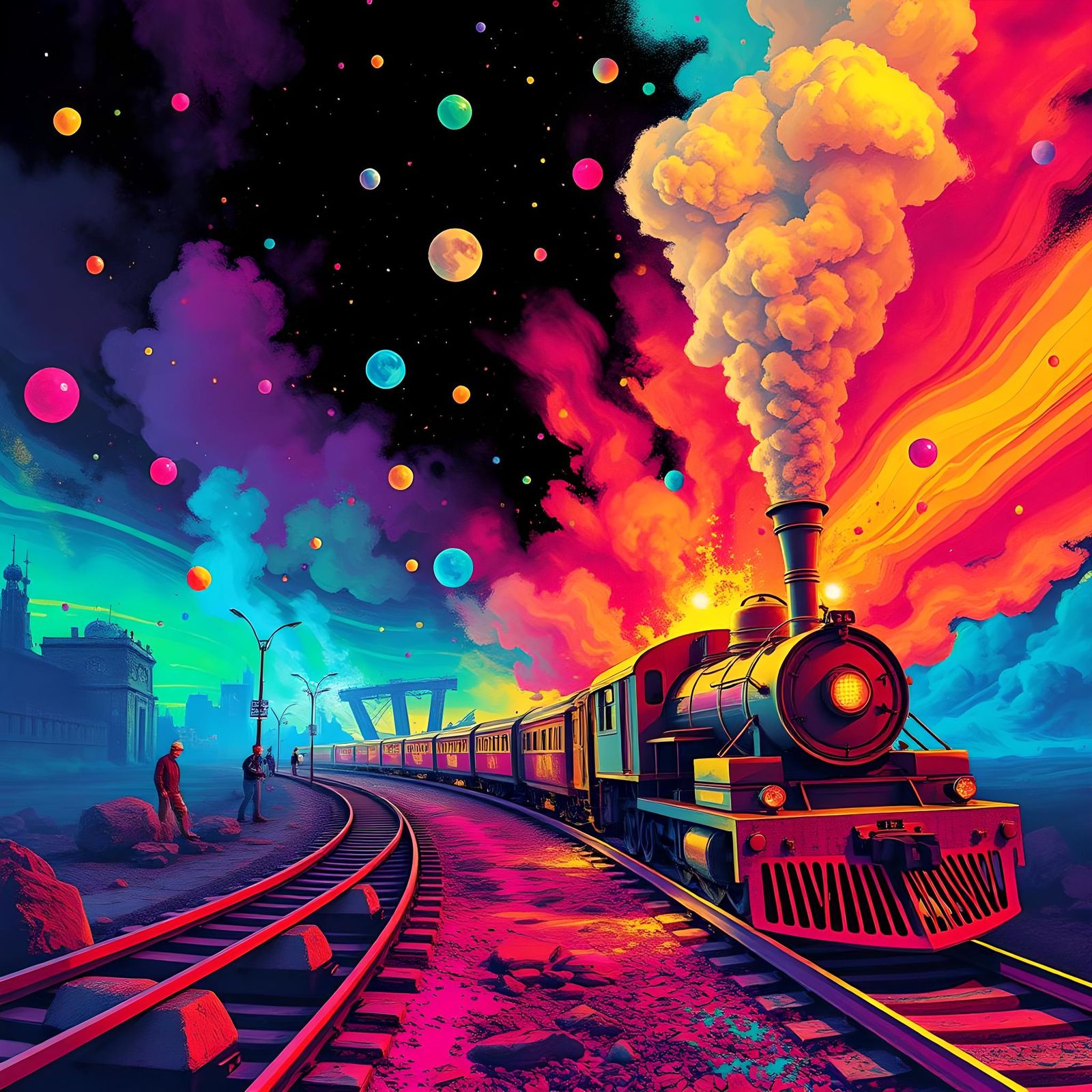 Vibrant Surreal Music Train in Pop Art Style