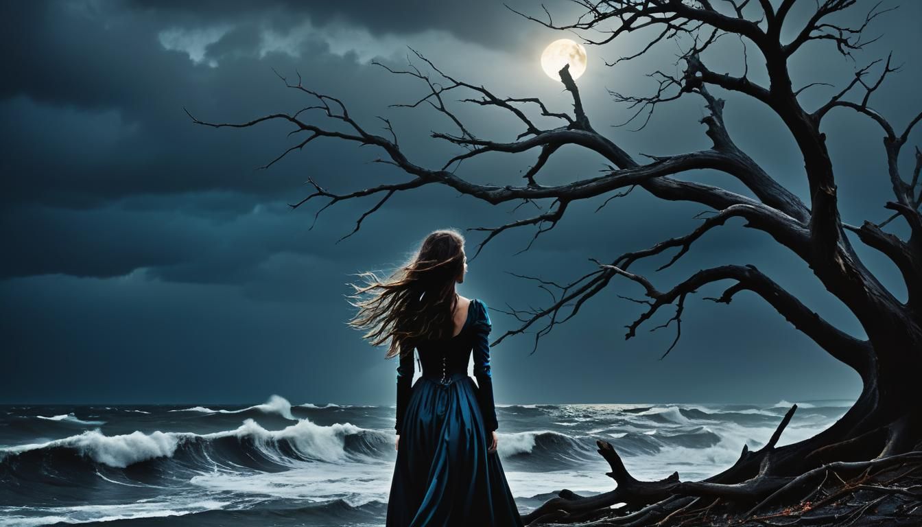 Heartbroken Woman Stands Alone on Stormy Seas in Cyberpunk S...