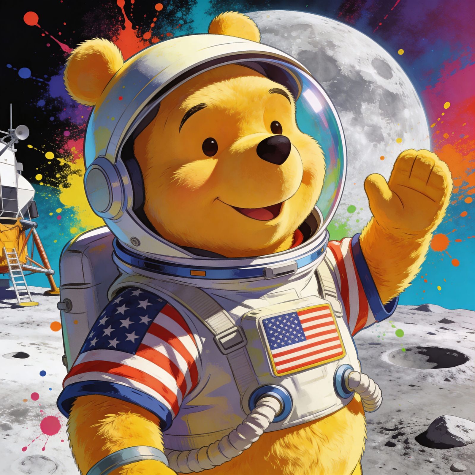Winnie the Pooh on the Moon in Hyperrealistic Splash Art