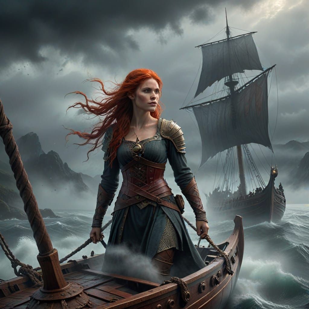 Viking Maiden on Longship in Misty Fjord