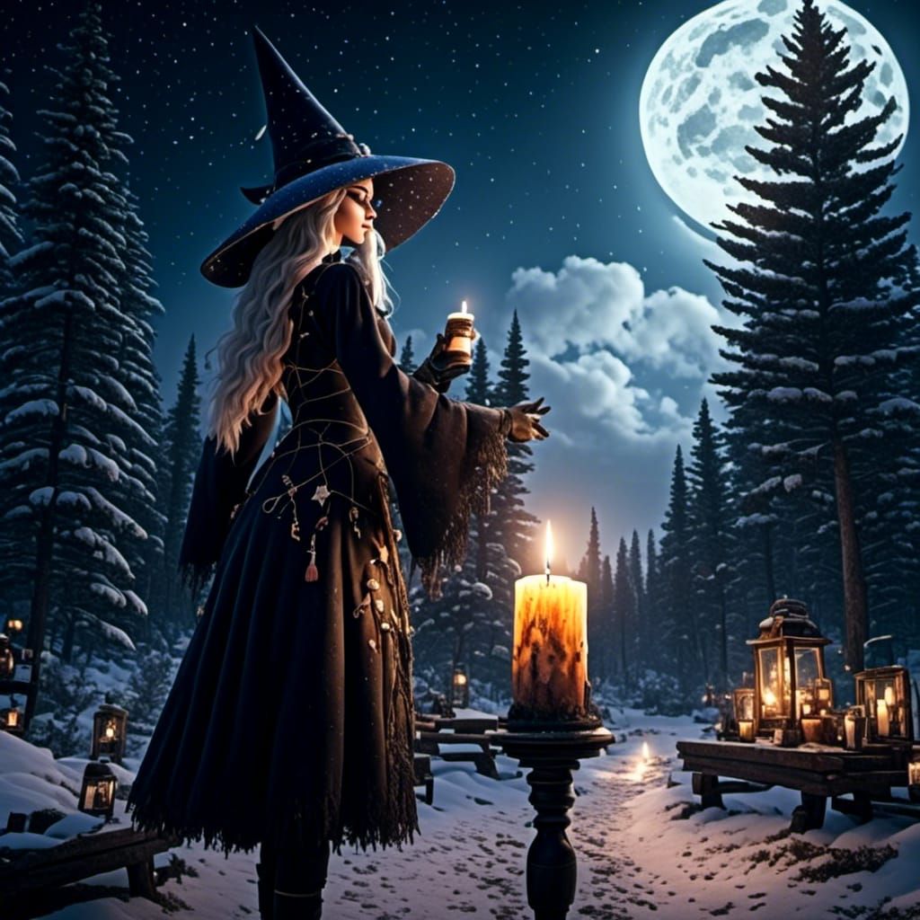 <lora:DreamUnreal V1:1.0> <lora:NC Hyperreal:1.0> The Moon and the Candle show me the way, a beautiful witch in a full m...