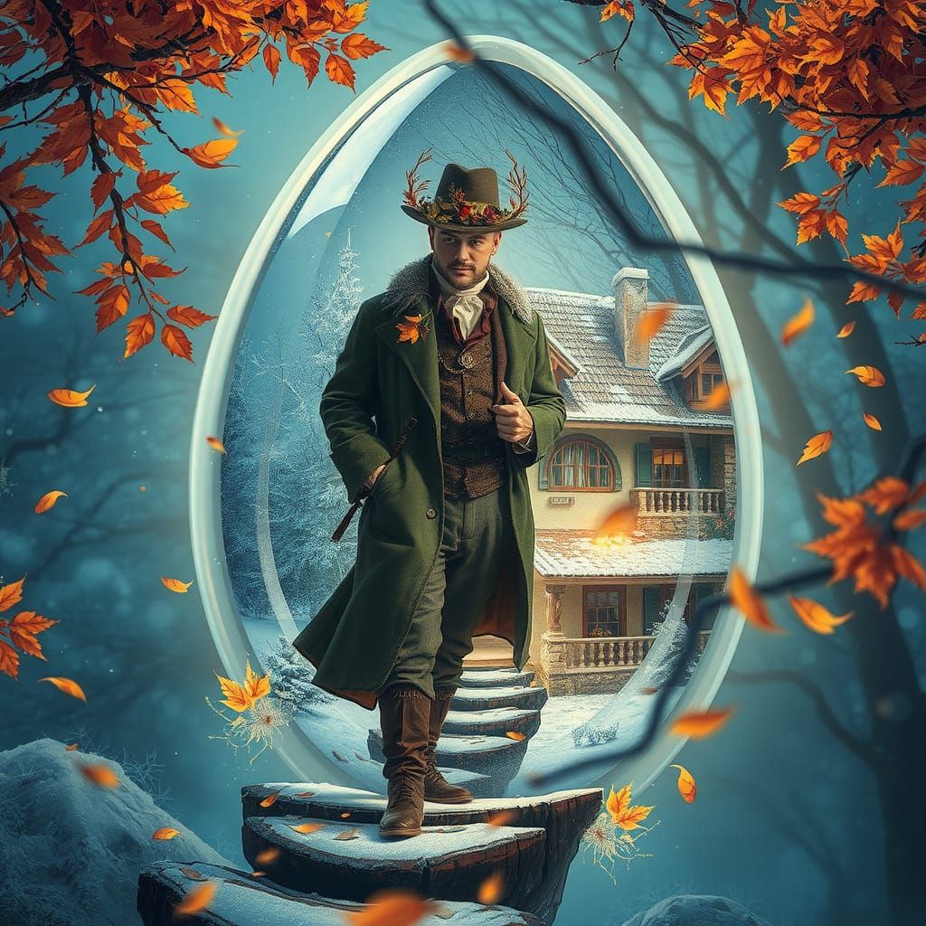 Autumnal Man Steps into Winter Dreamscape